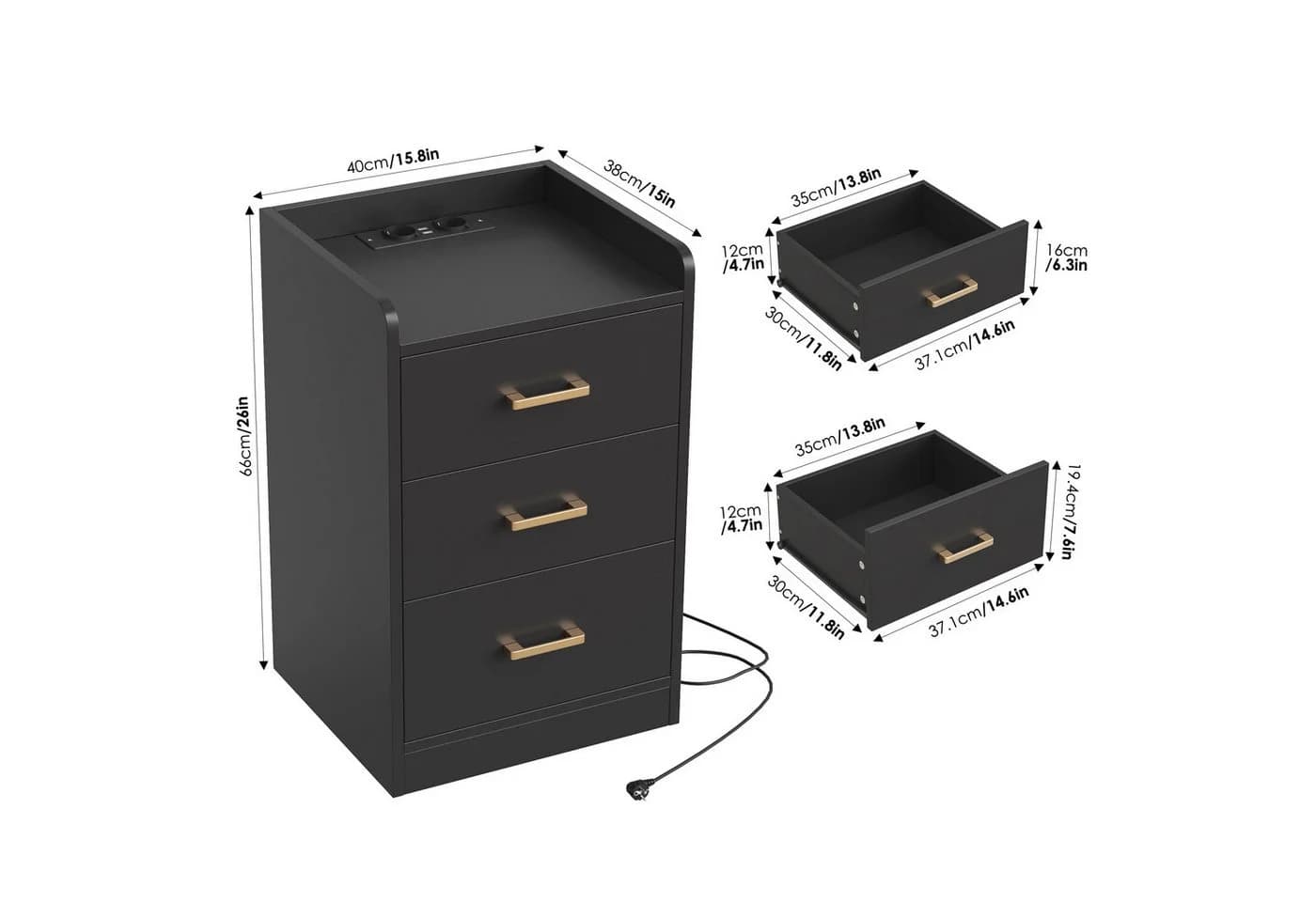 Homfa Nachttisch Nachtschrank mit Ladefunktion, 3 Schubladen, 2 AC-Steckdosen, 2 USB-Anschlüsse, 40x38x66cm - Bild 4