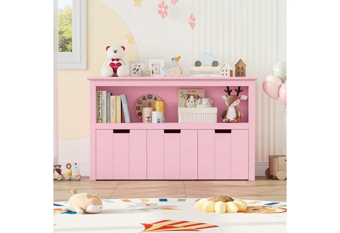 Homfa Kinderregal Spielzeugtruhe Bücherregal 3 Schubladen Rosa
