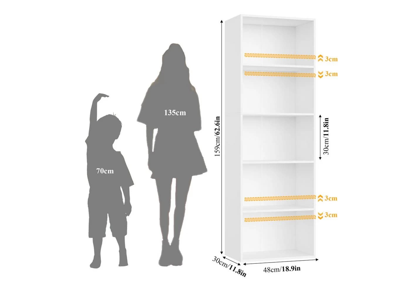 Homfa Bücherregal 5 Fächer 159cm Weiß/Schwarz Holzwerkstoff - Bild 3