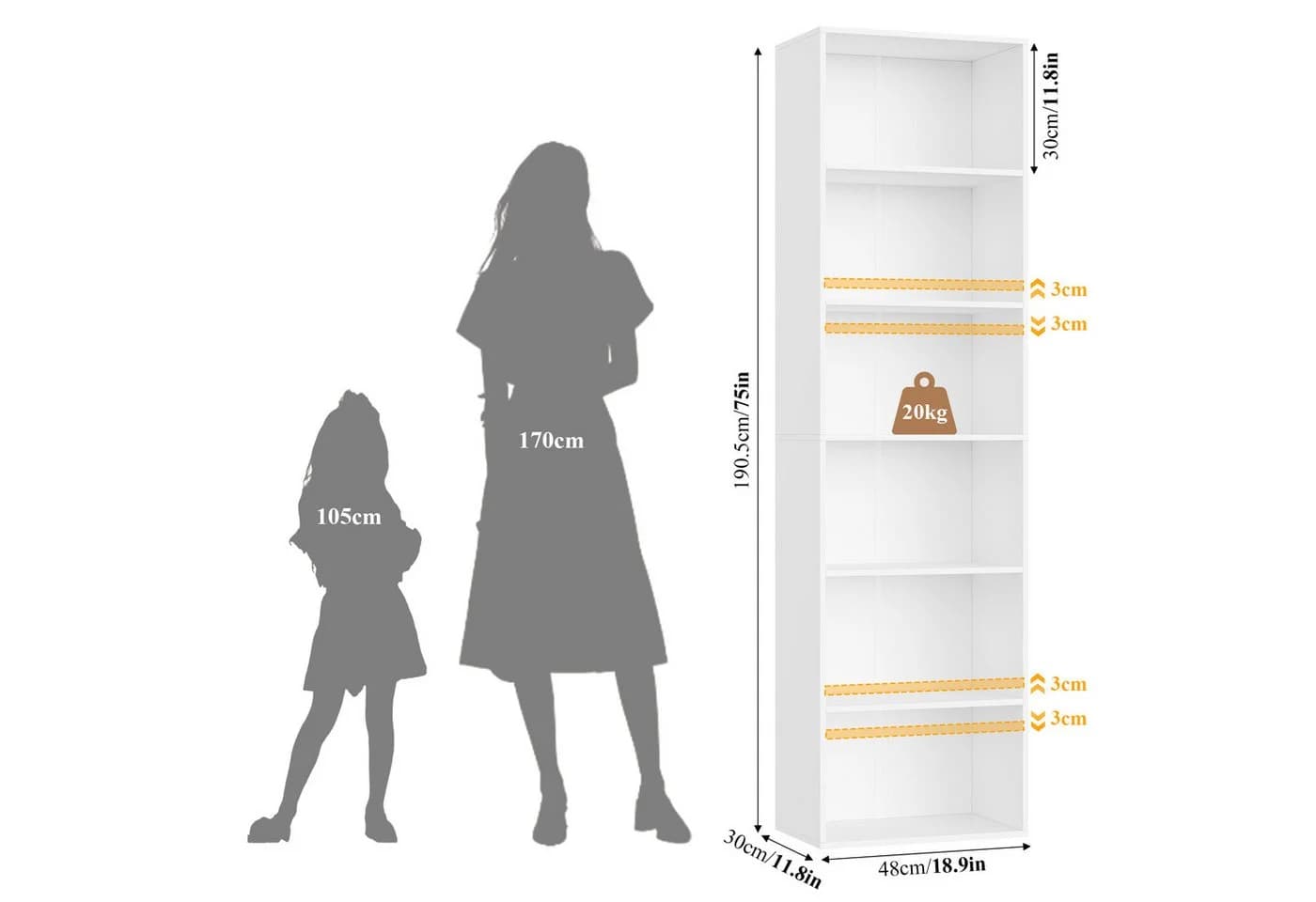 Homfa Bücherregal 6 Fächer 190,5 cm Bücherschrank Standregal Weiß/Schwarz - Bild 3
