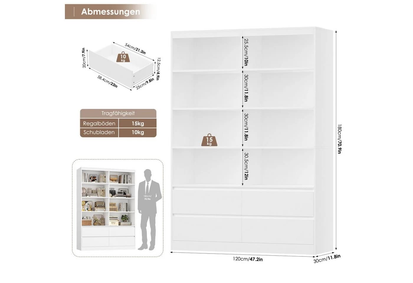 Homfa Bücherregal Hochschrank Standregal Bücherschrank Raumteiler, 8 Fächer, 4 Schubladen, 120x30x180cm - Bild 3