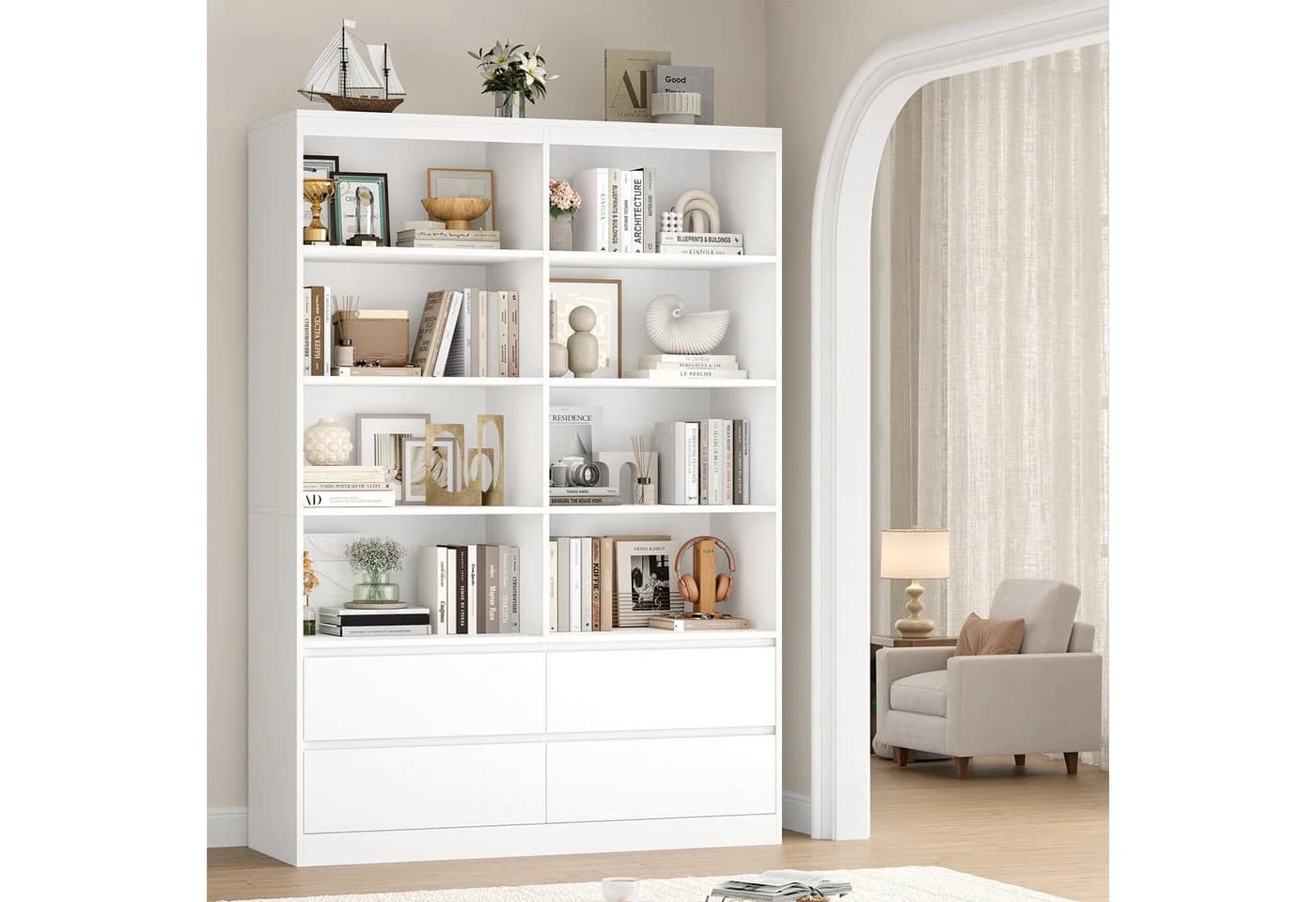Homfa Bücherregal Hochschrank Standregal Bücherschrank Raumteiler, 8 Fächer, 4 Schubladen, 120x30x180cm - Bild 4
