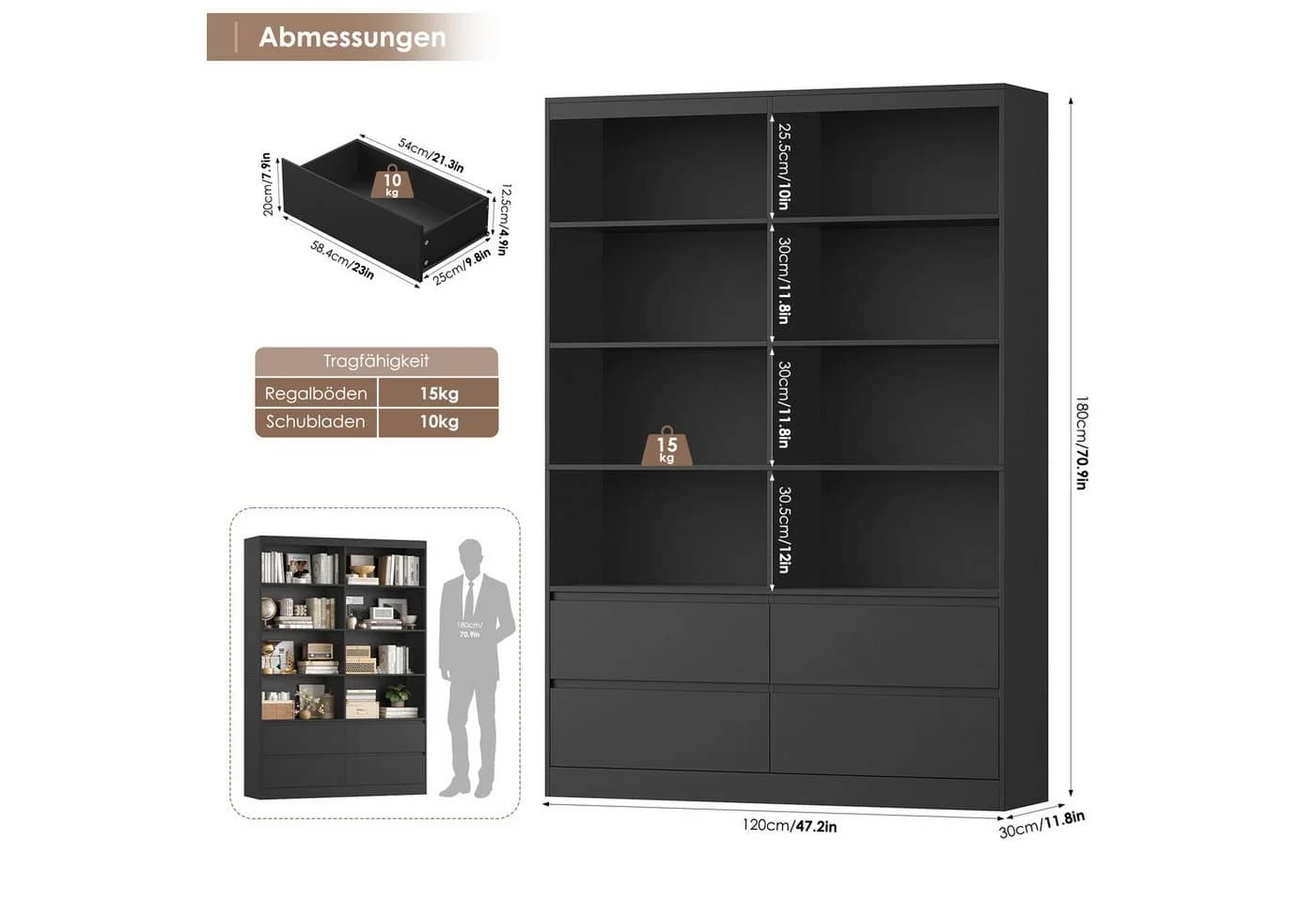 Homfa Bücherregal Hochschrank Raumteiler 8 Fächer 4 Schubladen 120x30x180cm - Bild 3