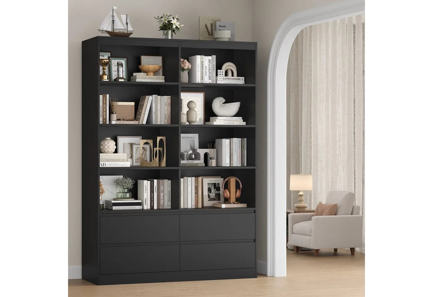 Homfa Bücherregal Hochschrank Raumteiler 8 Fächer 4 Schubladen 120x30x180cm - Bild 4