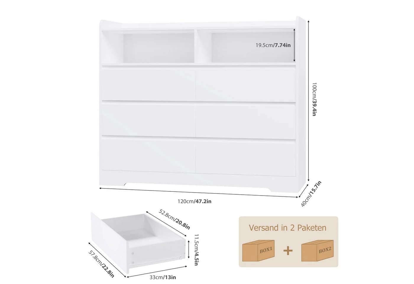 Homfa Kommode Sideboard mit 6 Schubladen und 2 offenen Fächern