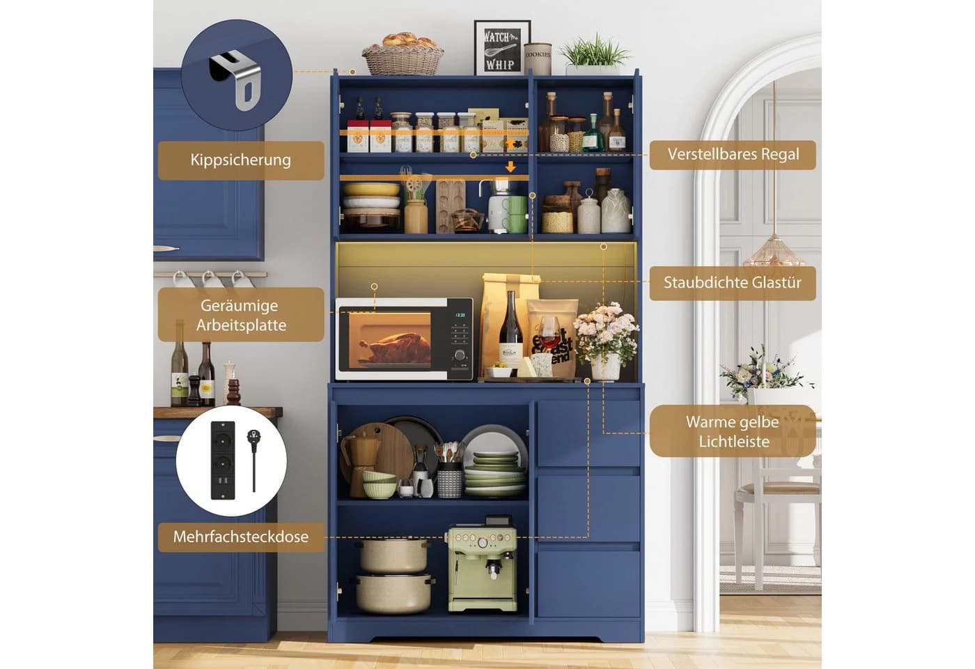 Homfa Küchenbuffet Blau mit LED & Steckdosenleiste - Bild 5
