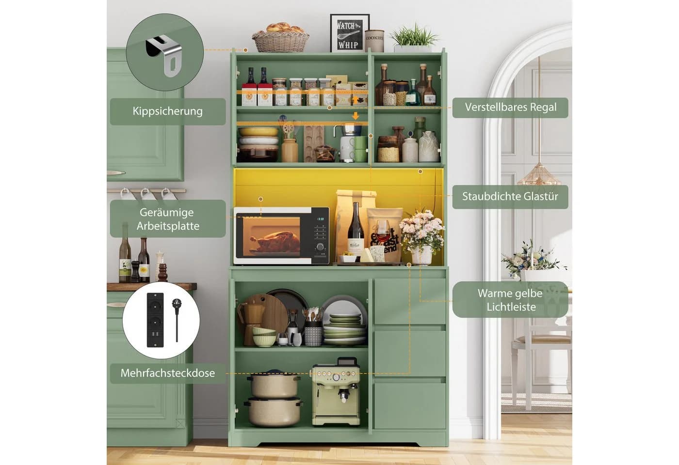 Homfa Küchenbuffet Grün mit LED Küchenschrank Buffetschrank Sideboard - Bild 5