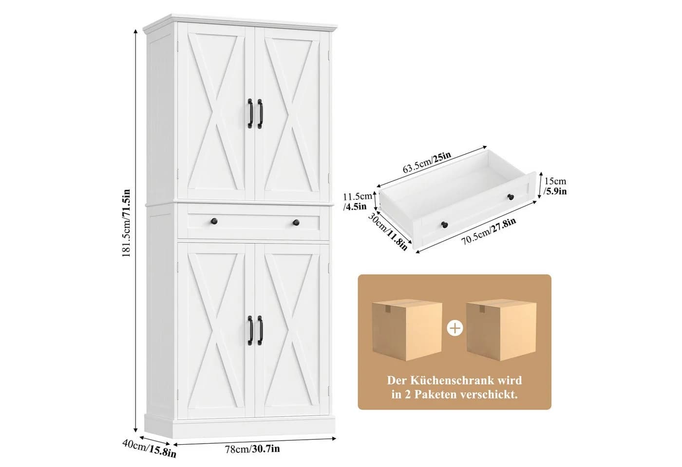 Homfa Küchenbuffet Küchenschrank 2 Schubladen Weiß - Bild 3
