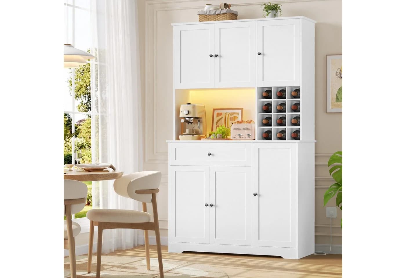 Homfa Küchenbuffet Weiß mit LED & Weinregal 180x100x39cm