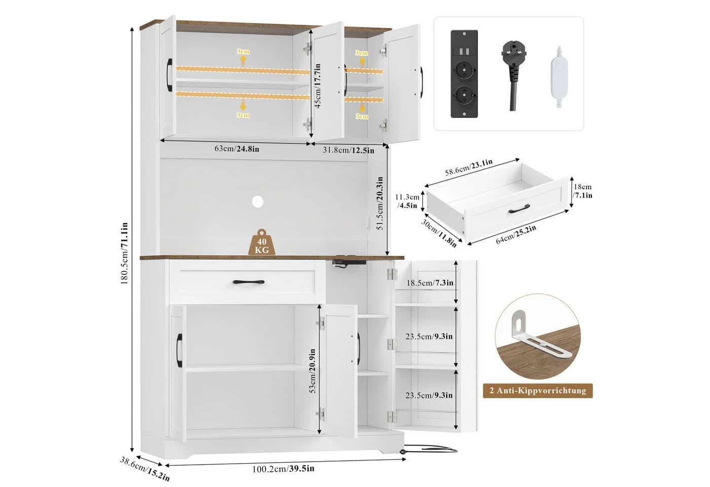 Homfa Küchenbuffet mit LED Küchenschrank Buffetschrank Sideboard weiß - Bild 3