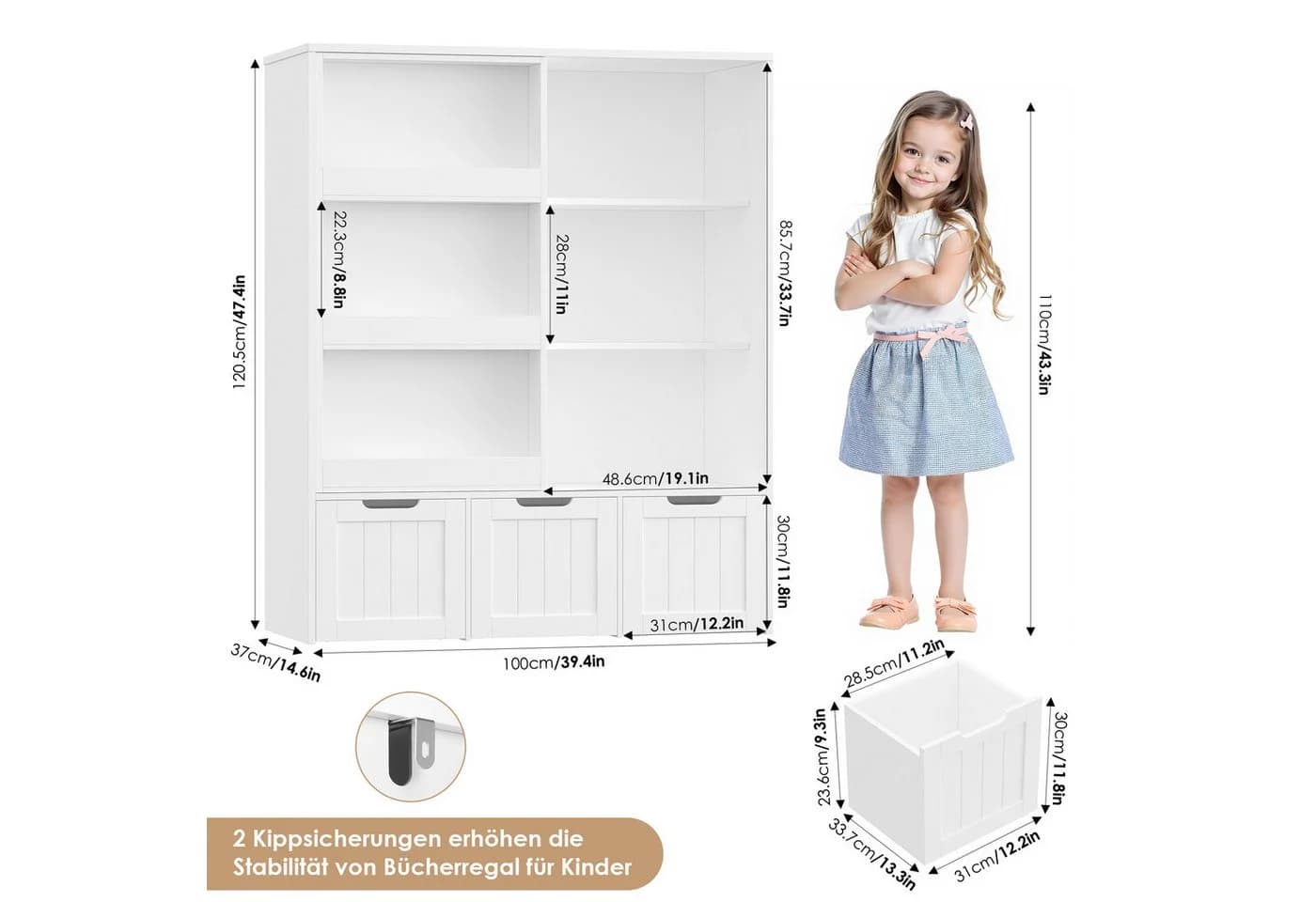 Homfa Kinderregal mit 3 Schubladen und 6 Fächern Weiß/Rosa - Bild 3