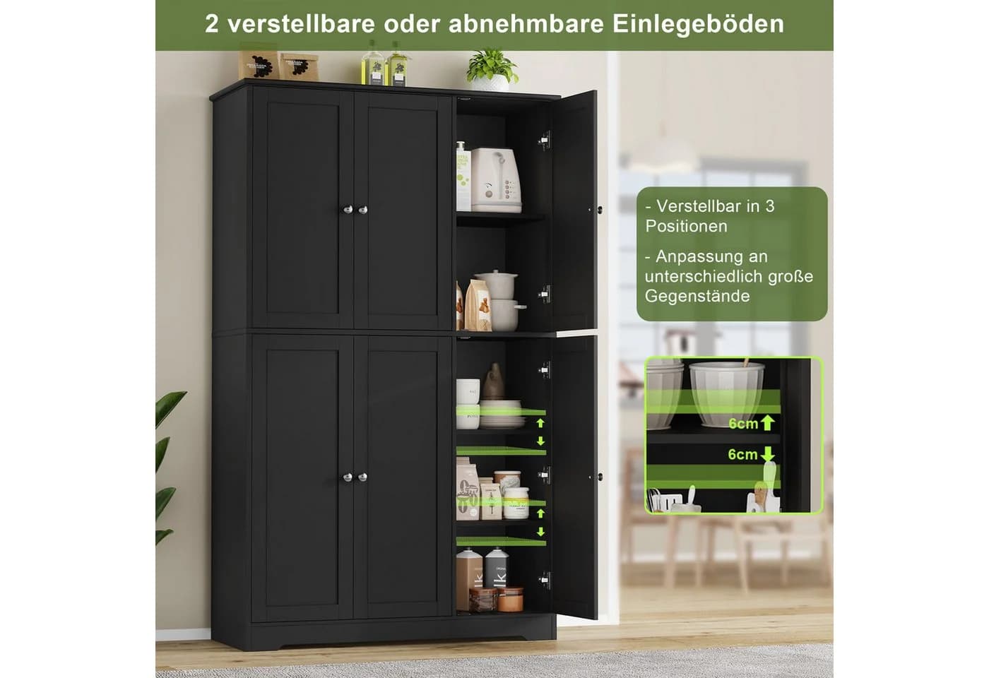 Homfa Mehrzweckschrank Küchenschrank Drehtürenschrank Kleiderschrank 6 Türen Schwarz - Bild 3