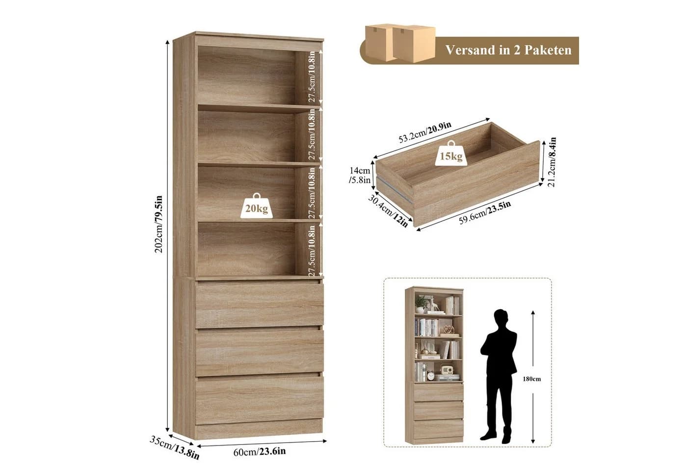 Homfa Bücherregal Hochschrank Bücherschrank Raumteiler 4 Fächer 3 Schubladen