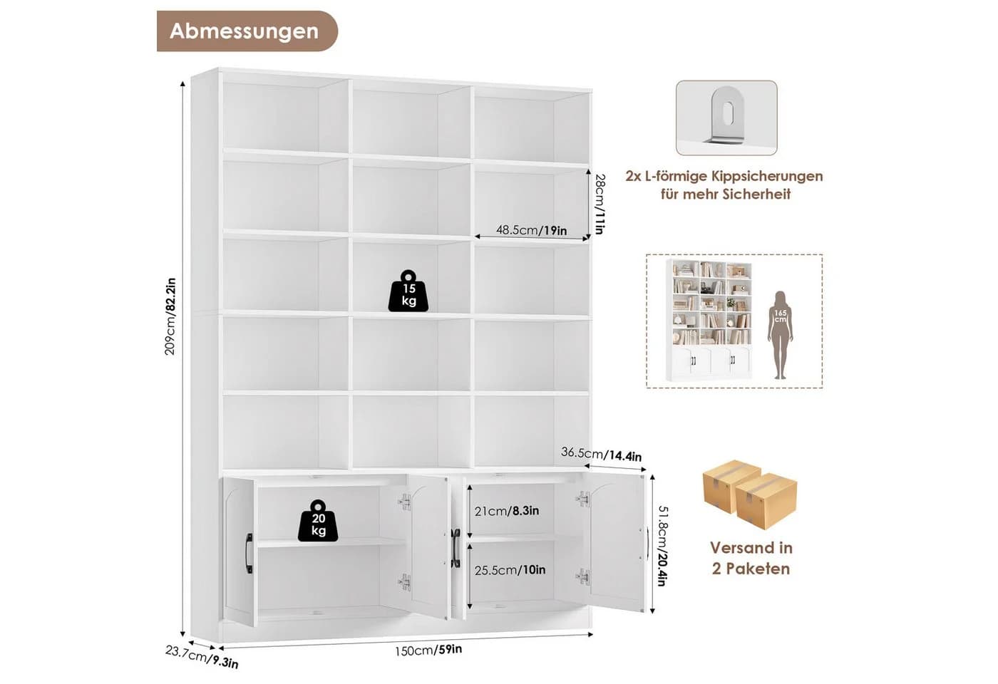 Homfa Bücherregal 209cm Bücherschrank Raumteiler Standregal 15 Fächer Weiß