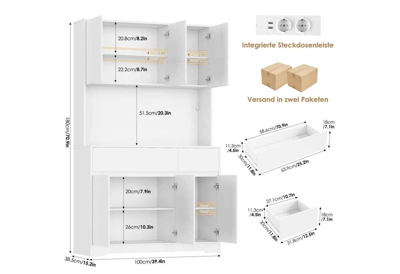 Homfa Küchenbuffet Küchenschrank mit LED, Weiß, 6 Türen und Schubladen - Bild 3