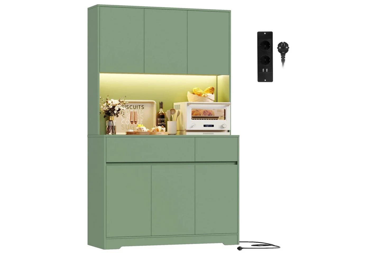 Homfa Küchenbuffet Küchenschrank mit LED, Steckdosen, Arbeitsplatte, 6 Türen und Schubladen Grün - Bild 2