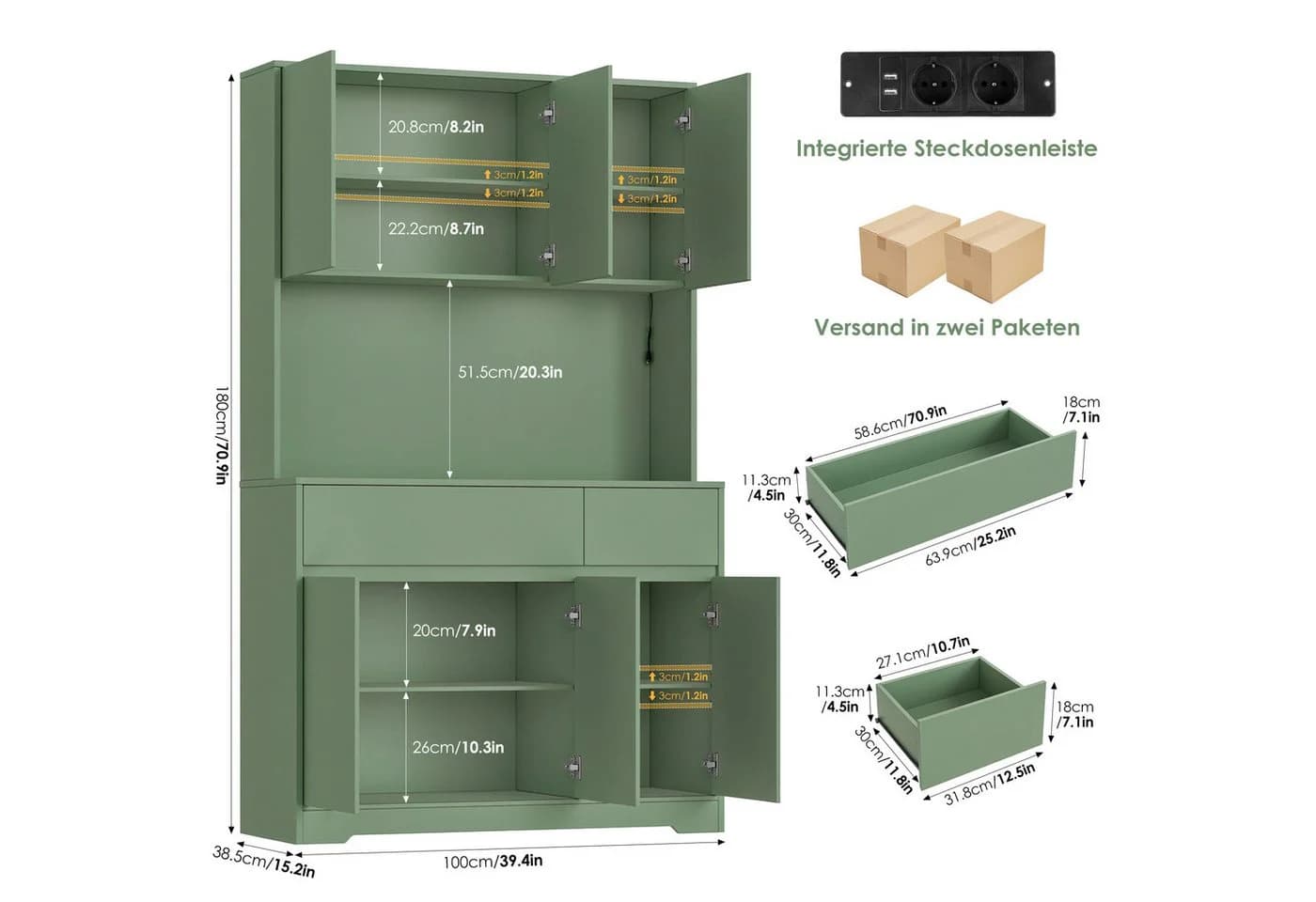 Homfa Küchenbuffet Küchenschrank mit LED, Steckdosen, Arbeitsplatte, 6 Türen und Schubladen Grün - Bild 3