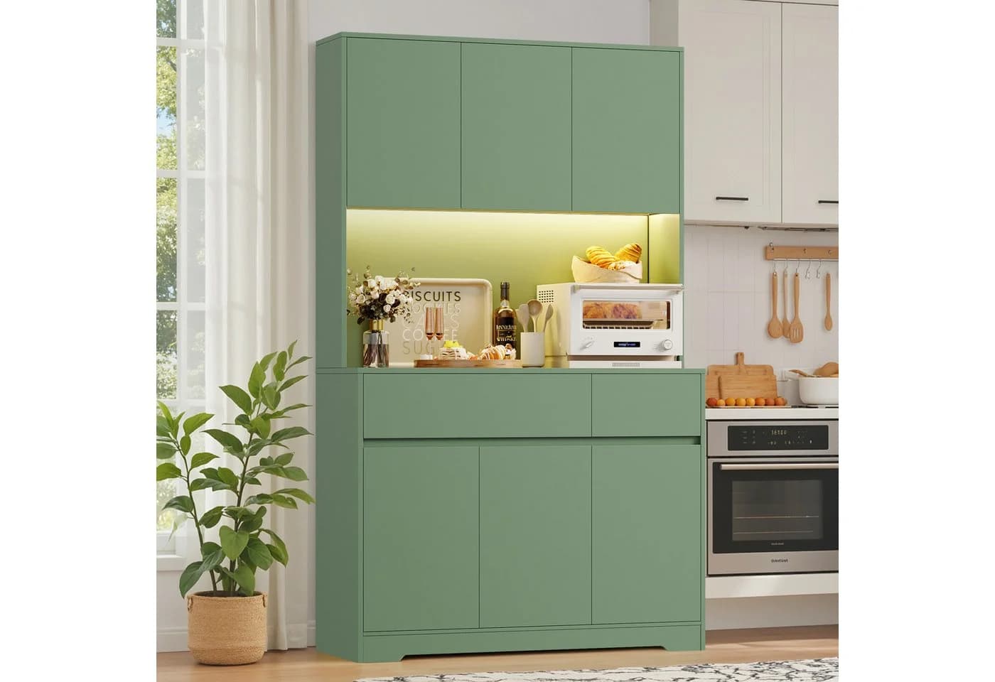 Homfa Küchenbuffet Küchenschrank mit LED, Steckdosen, Arbeitsplatte, 6 Türen und Schubladen Grün - Bild 4