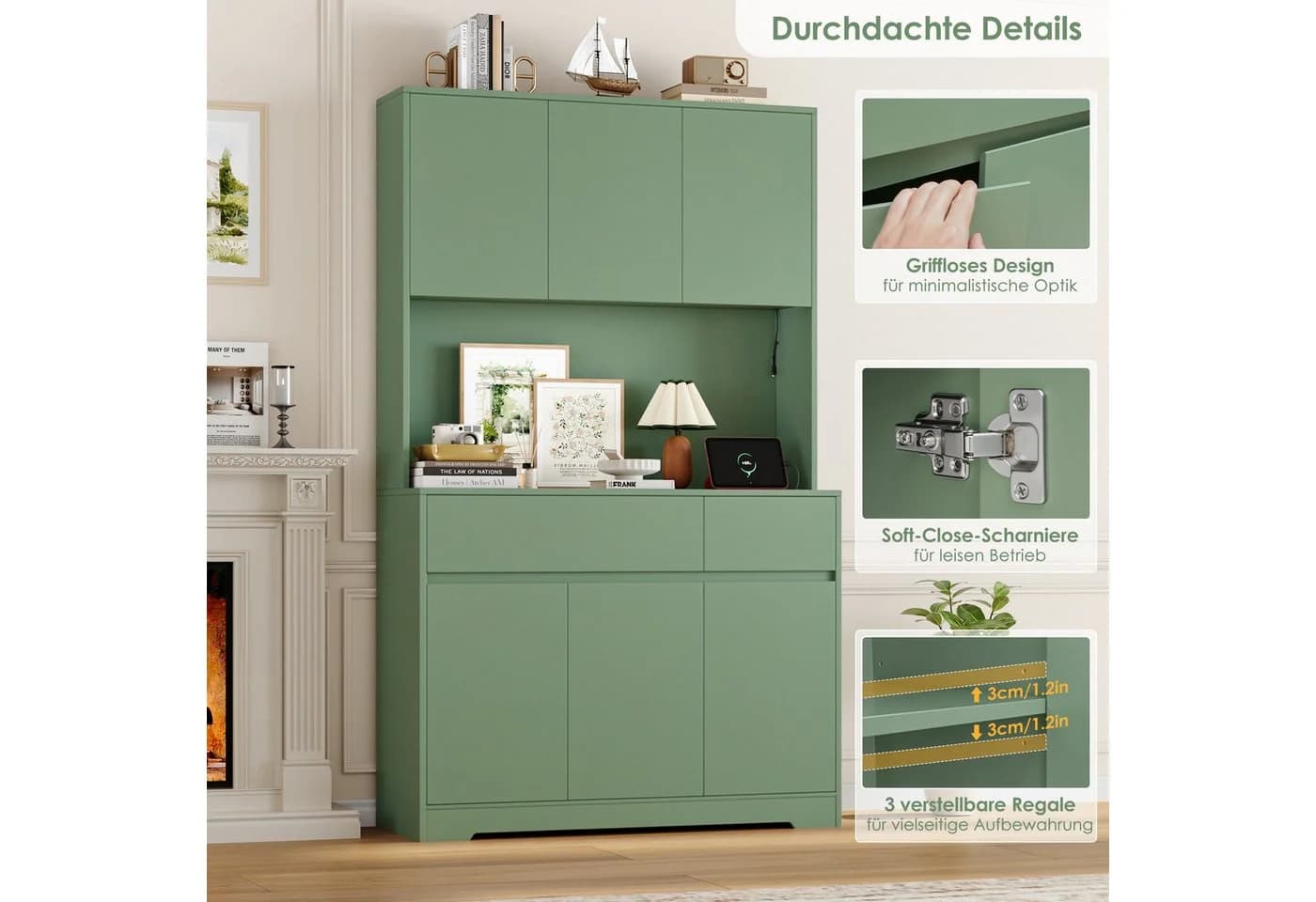 Homfa Küchenbuffet Küchenschrank mit LED, Steckdosen, Arbeitsplatte, 6 Türen und Schubladen Grün - Bild 5