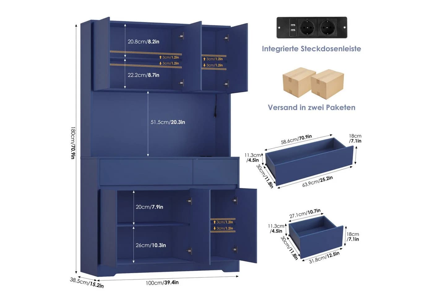Homfa Küchenbuffet Küchenschrank mit Arbeitsplatte Blau - Bild 3