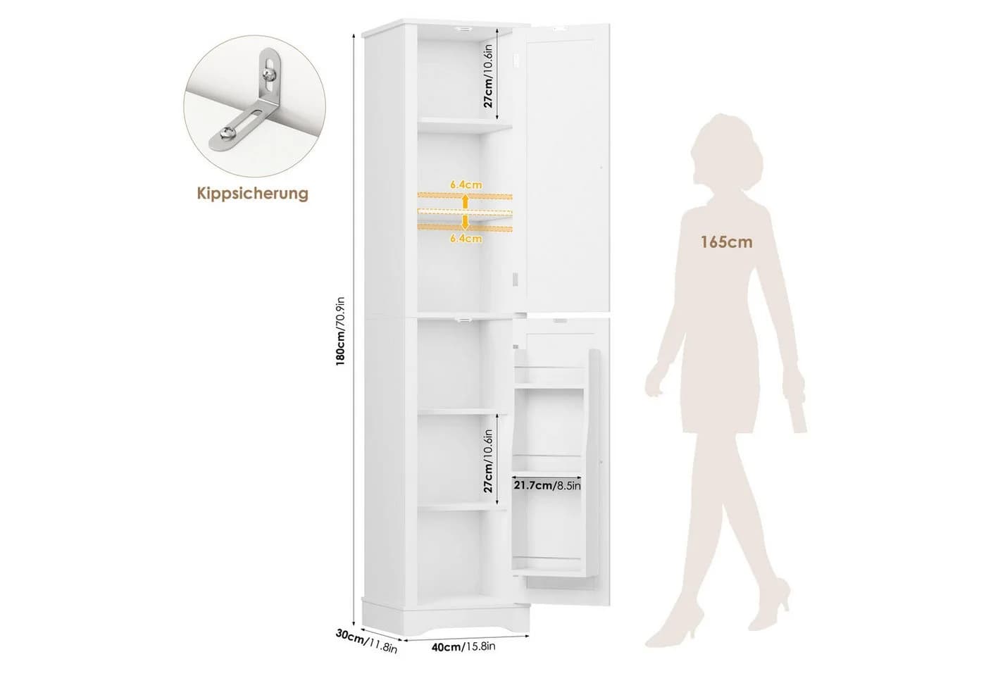 Homfa Hochschrank Badezimmerschrank Badschrank Küchenschrank 2 Türen Weiß - Bild 3