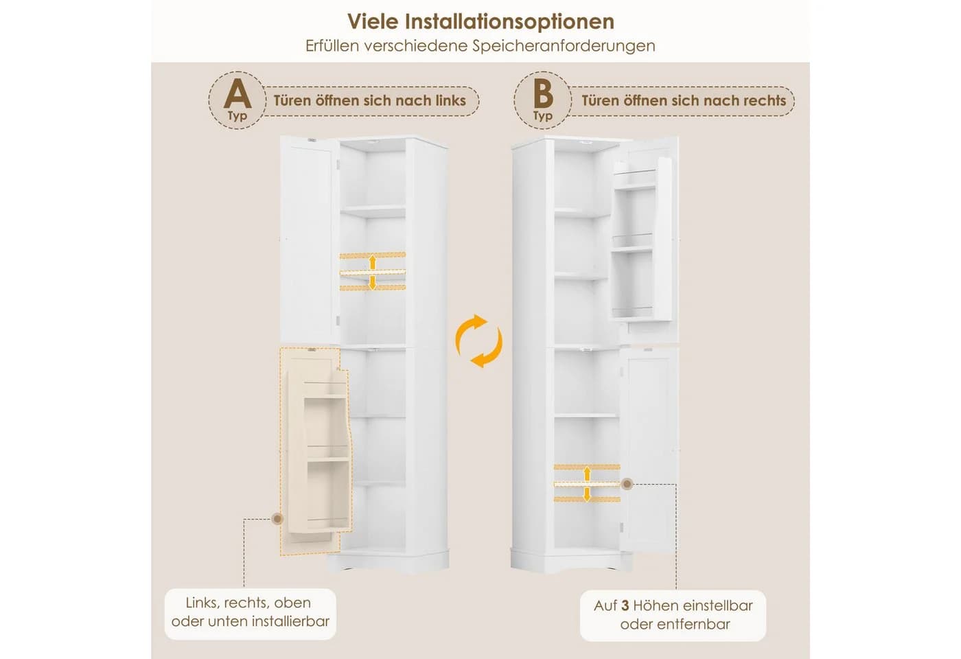 Homfa Hochschrank Badezimmerschrank Badschrank Küchenschrank 2 Türen Weiß - Bild 5