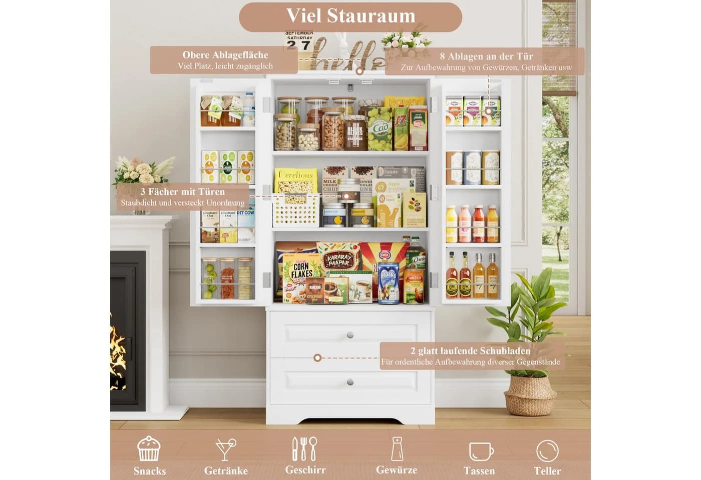 Homfa Mehrzweckschrank Küchenschrank Vorratsschrank Buffetschrank 8 Türregale 2 Schubladen - Bild 4