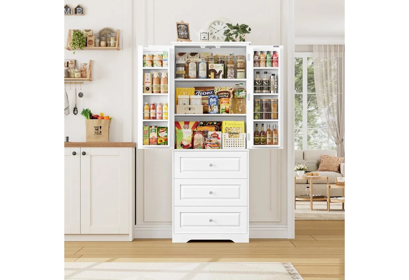 Homfa Mehrzweckschrank Küchenschrank Vorratsschrank Buffetschrank mit 8 Türregalen, 2 Schubladen