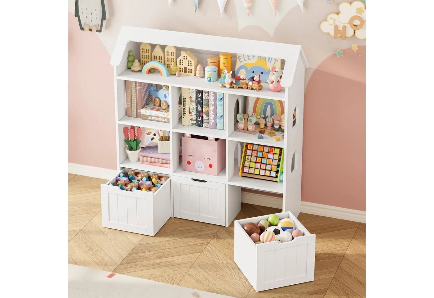Homfa Kinderregal in Hausform mit 3 Spielzeugkisten auf Rollen, Spielzeugregal mit 7 offenen Fächern - Bild 5