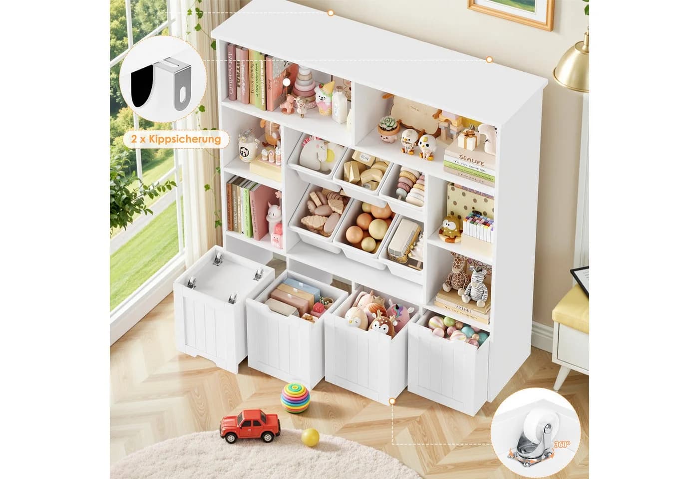 Homfa Kinderregal mit 4 Spielzeugkisten und 6 Fächern Weiß/Lila - Bild 5