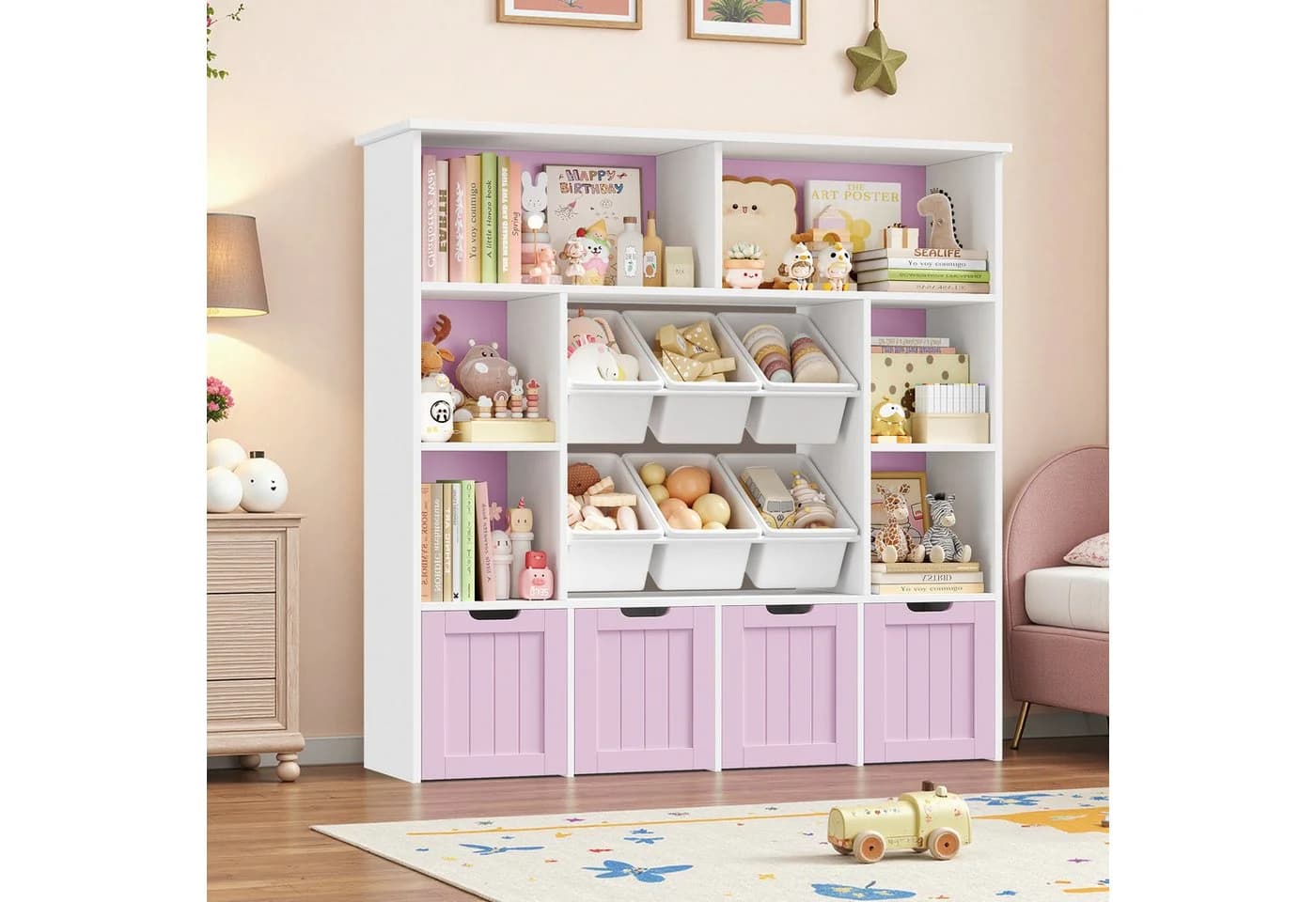 Homfa Kinderregal mit Rollen und Boxen Weiß/Lila