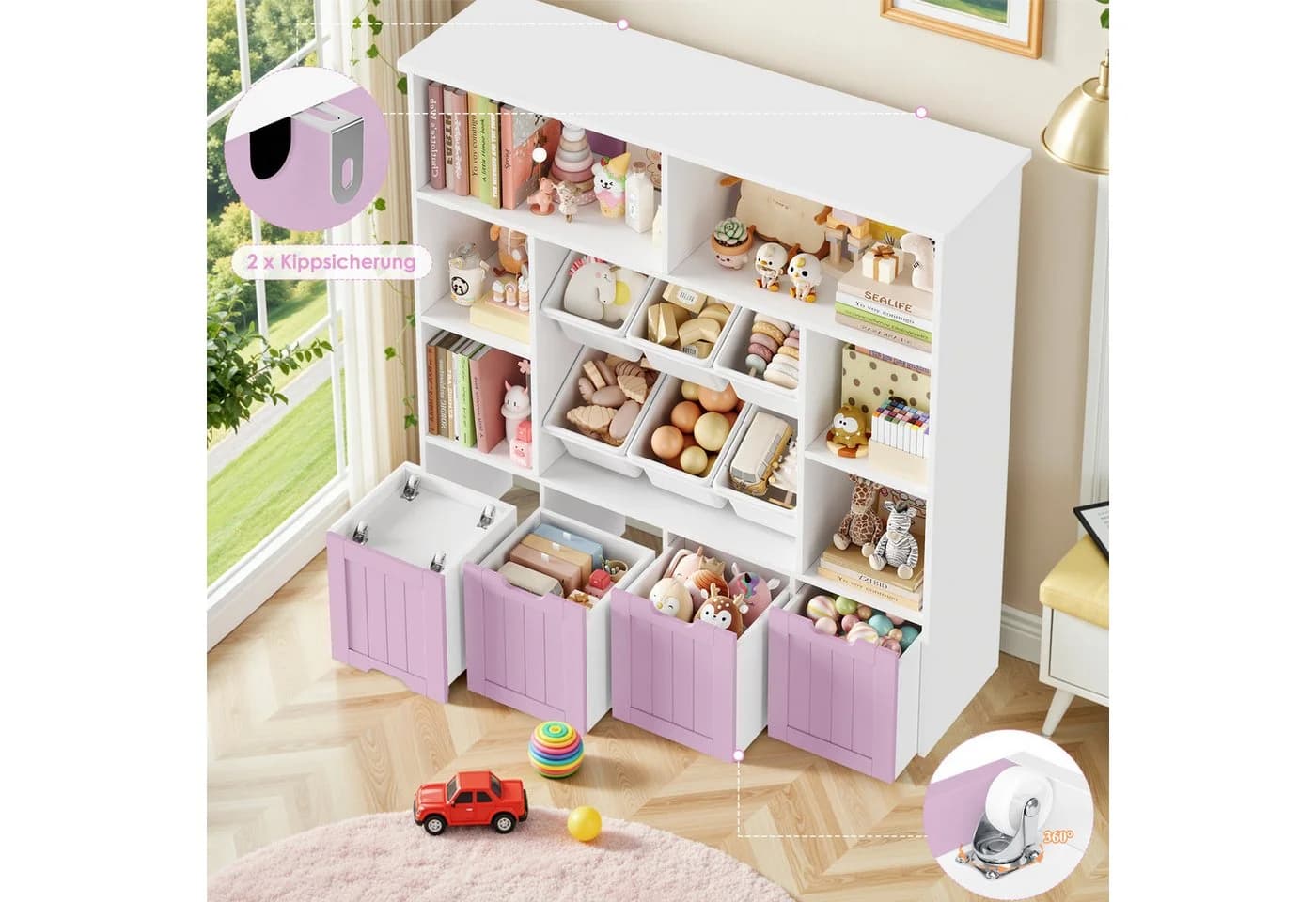 Homfa Kinderregal mit Rollen und Boxen Weiß/Lila - Bild 4
