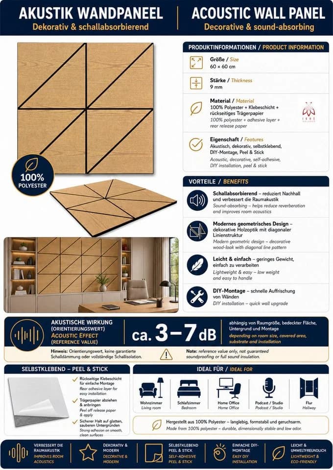 IKHEMalarka Wandpaneel Akustik Filz Holzoptik Beige Selbstklebend - Bild 4