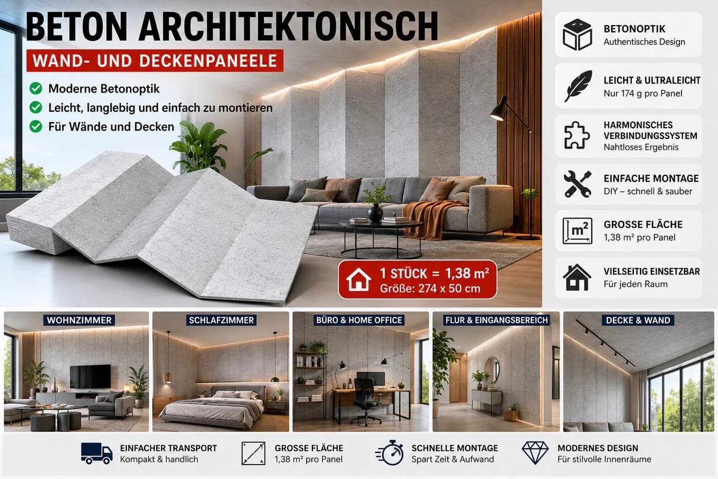 IKHEMalarka Wandpaneel Betonoptik Grau XXL