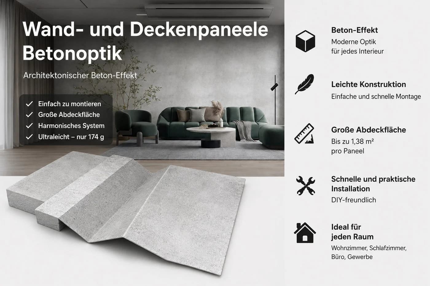 IKHEMalarka Wandpaneel Betonoptik Grau XXL - Bild 3