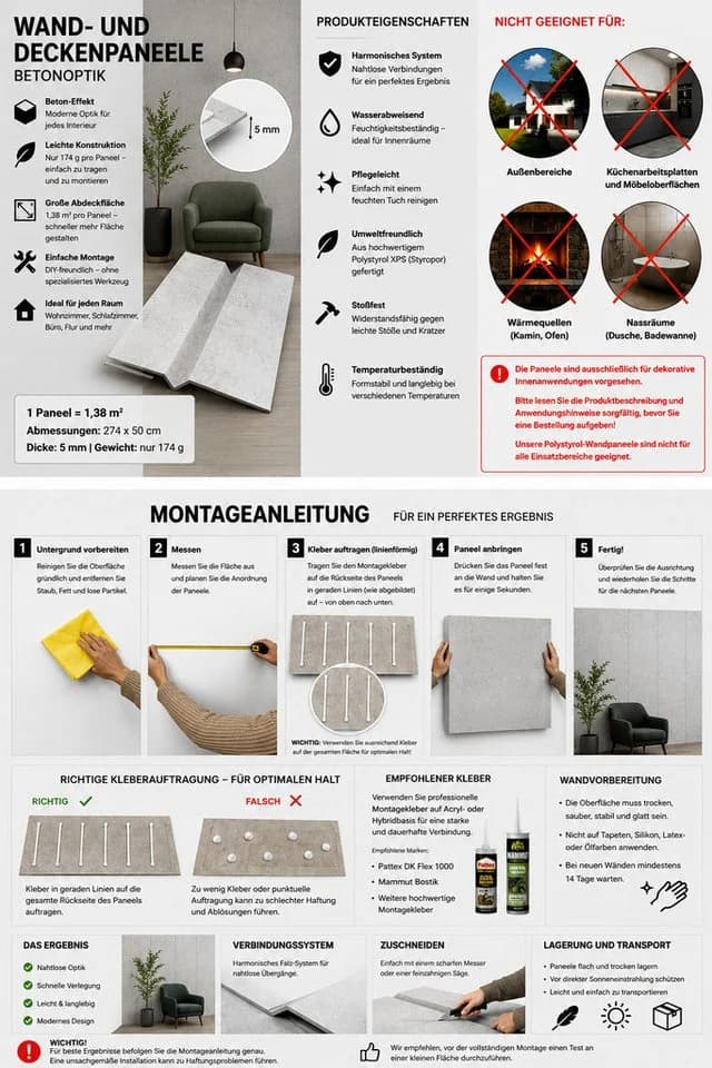 IKHEMalarka Wandpaneel Betonoptik Grau XXL - Bild 4