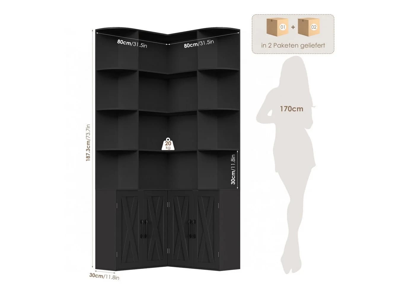 Homfa Eckregal Bücherregal Weiß Schwarz Landhausstil - Bild 3