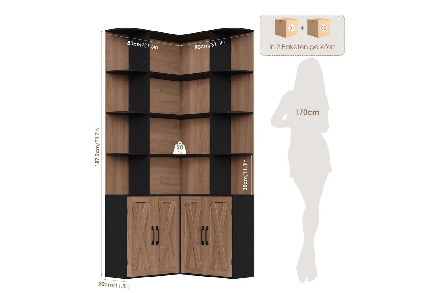 Homfa Eckregal Bücherregal Weiß mit Türen Landhausstil - Bild 3