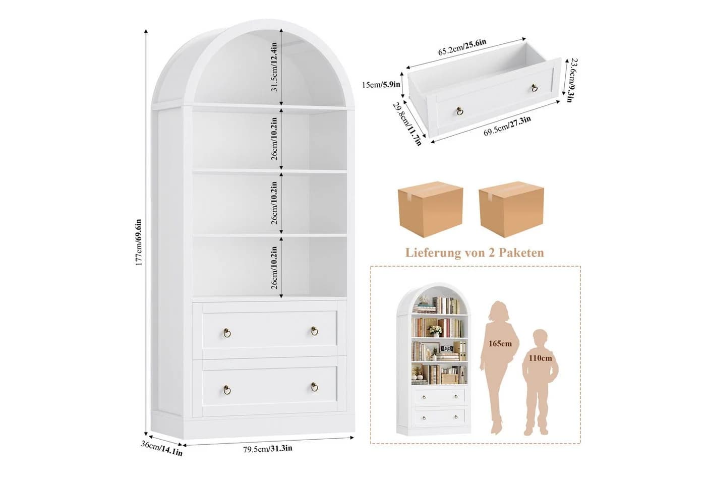 Homfa Bücherregal Weiß mit Bogenfront & 2 Schubladen - Bild 3