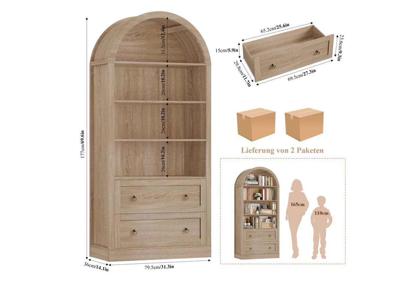 Homfa Bücherregal Weiß mit Bogenfront und 2 Schubladen - Bild 3