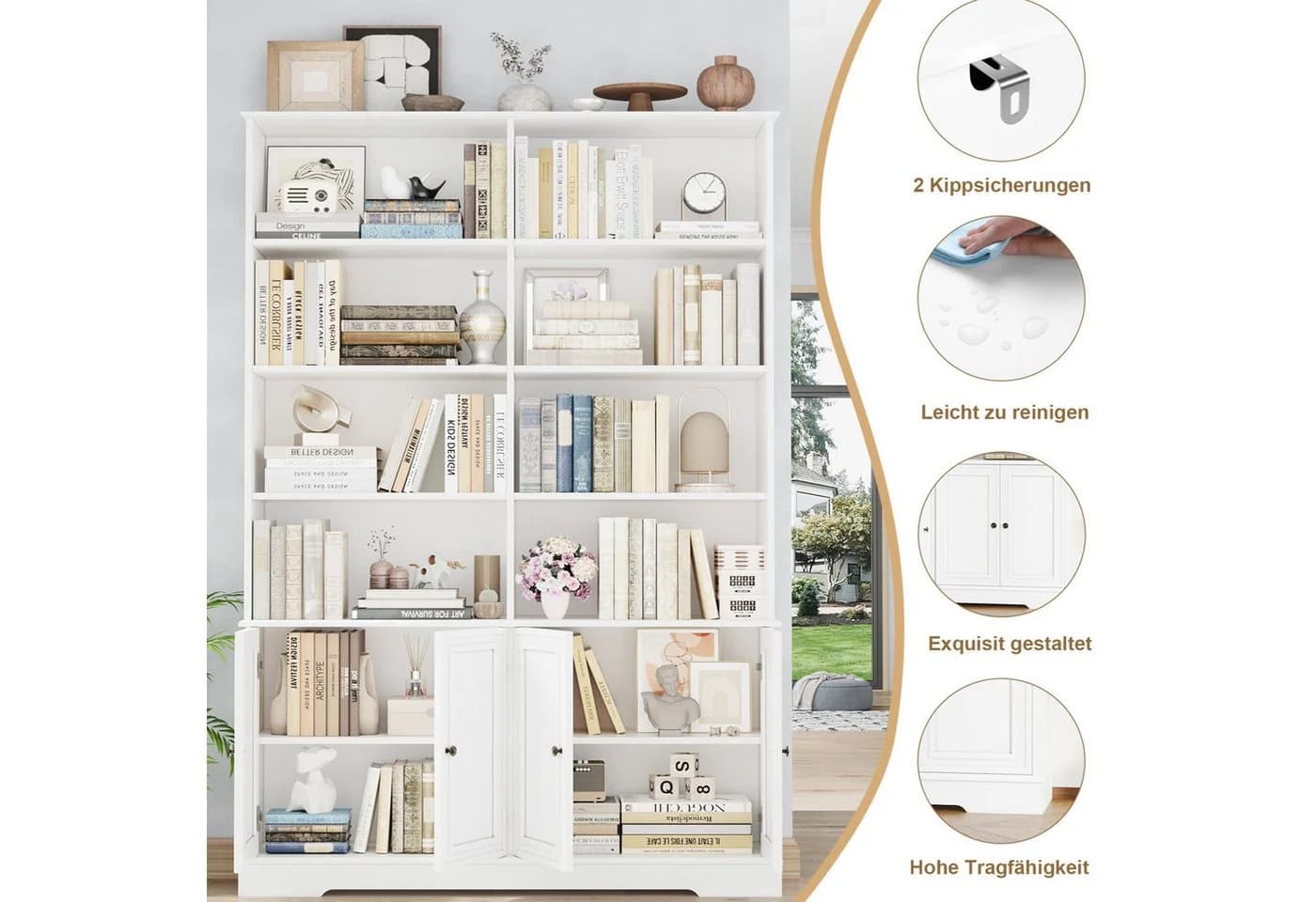 Homfa Bücherregal 185 cm hoch mit 4 Türen und 8 Fächern Weiß/Schwarz - Bild 5