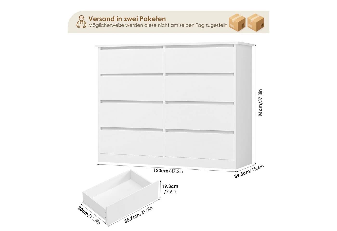 Homfa Kommode 8 Schubladen Weiß Modern Sideboard - Bild 3