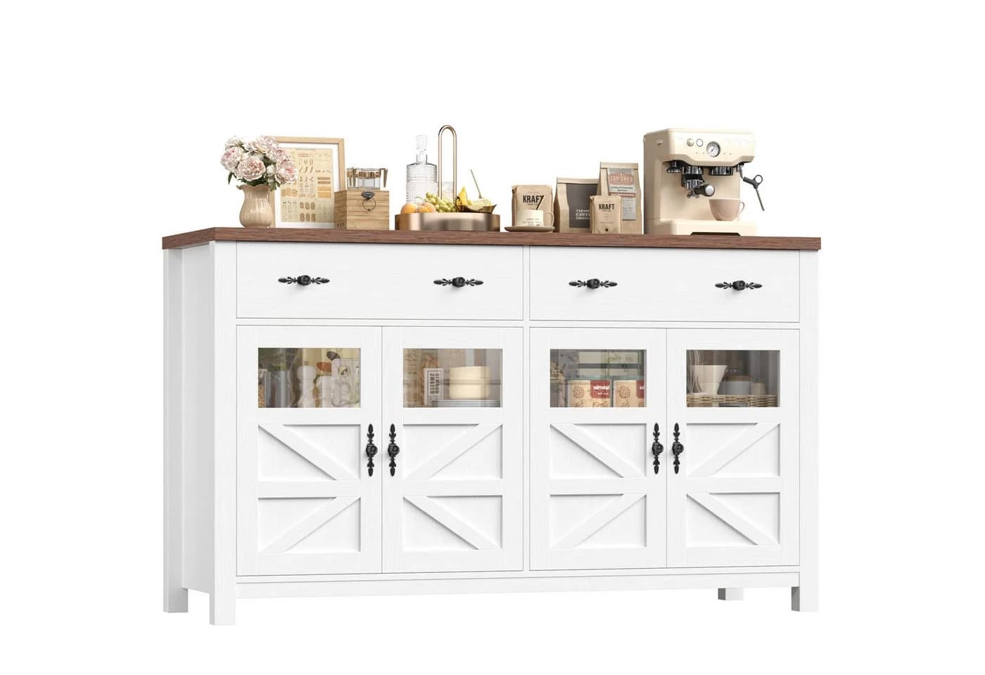 Homfa Sideboard 140cm Weiß mit 2 Schubladen & 4 Glastüren - Bild 2