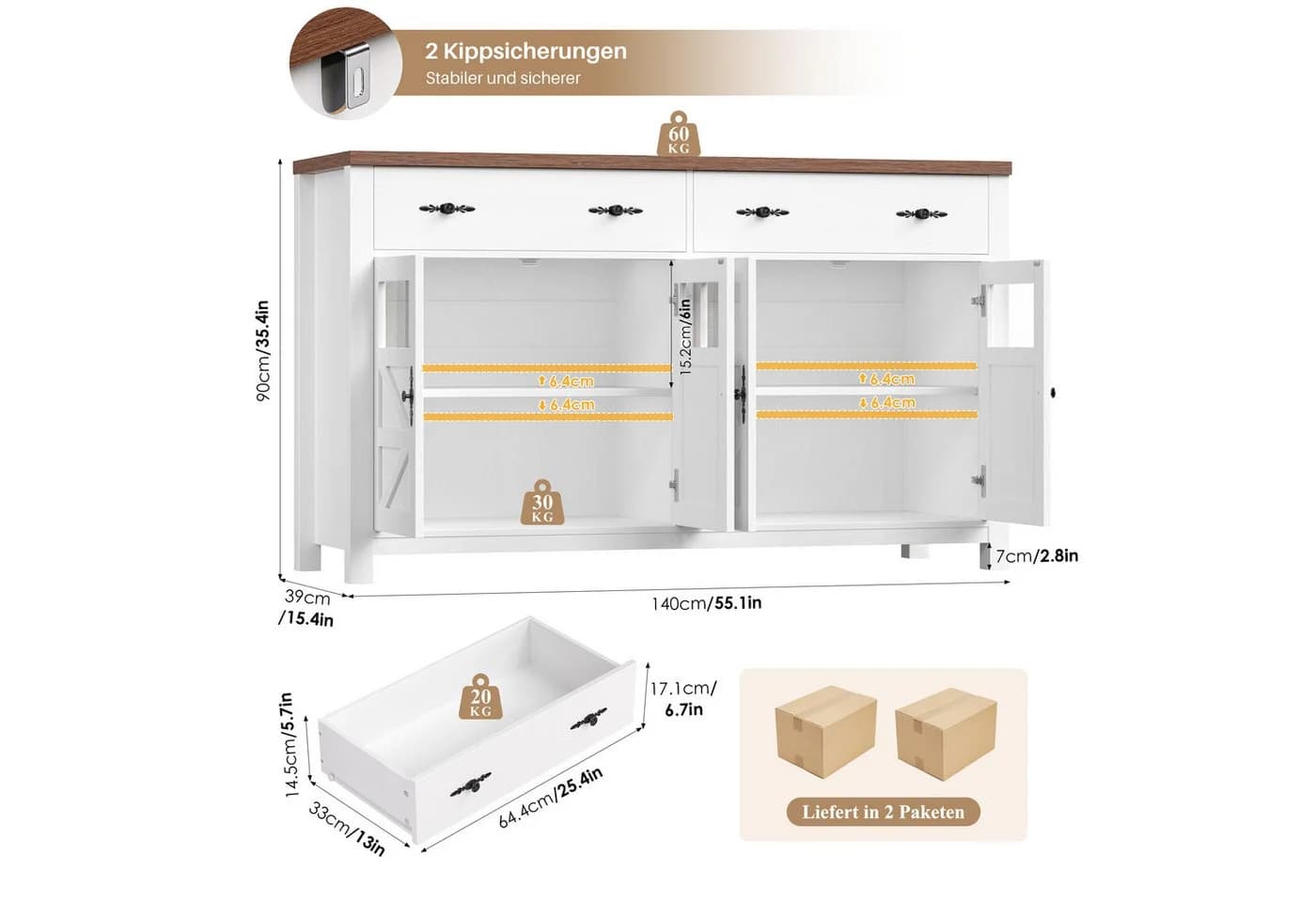 Homfa Sideboard 140cm Weiß mit 2 Schubladen & 4 Glastüren - Bild 3