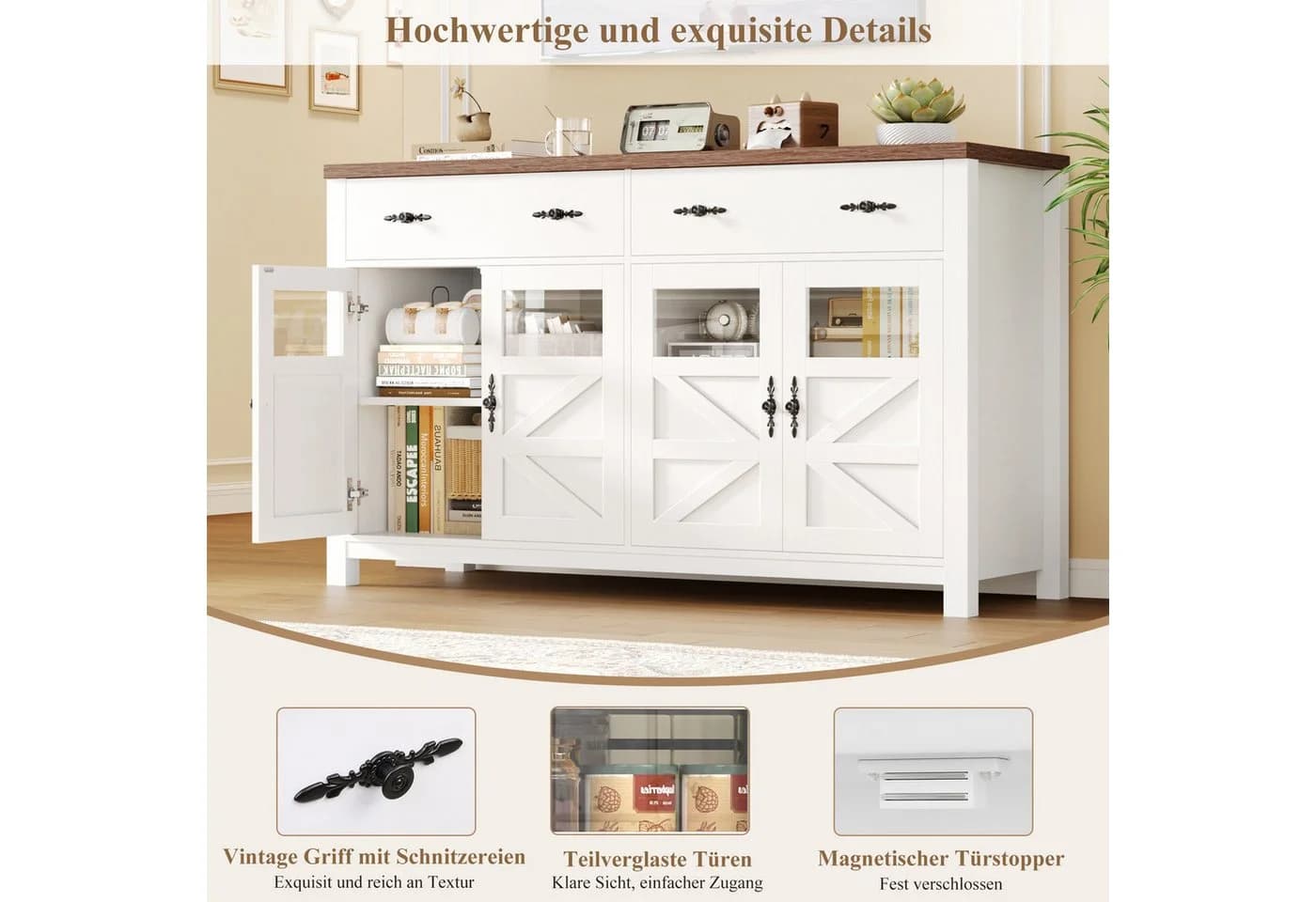 Homfa Sideboard 140cm Weiß mit 2 Schubladen & 4 Glastüren - Bild 4