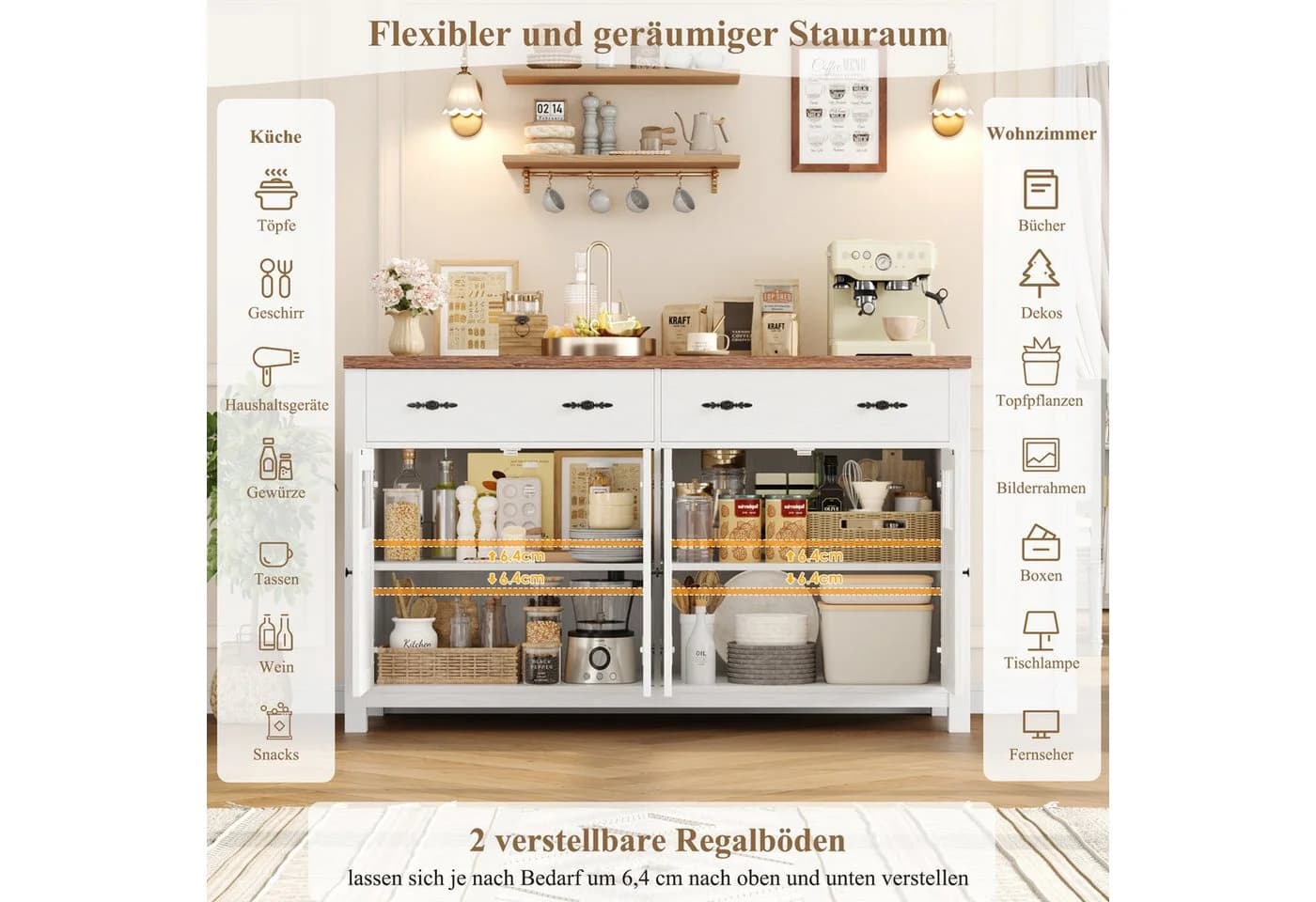 Homfa Sideboard 140cm Weiß mit 2 Schubladen & 4 Glastüren - Bild 5