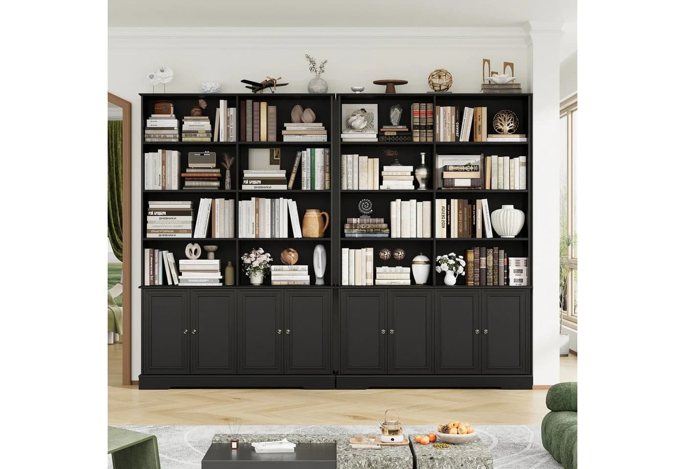 Homfa Bücherregal 185 cm mit 4 Türen und 8 Fächern Schwarz/Weiß