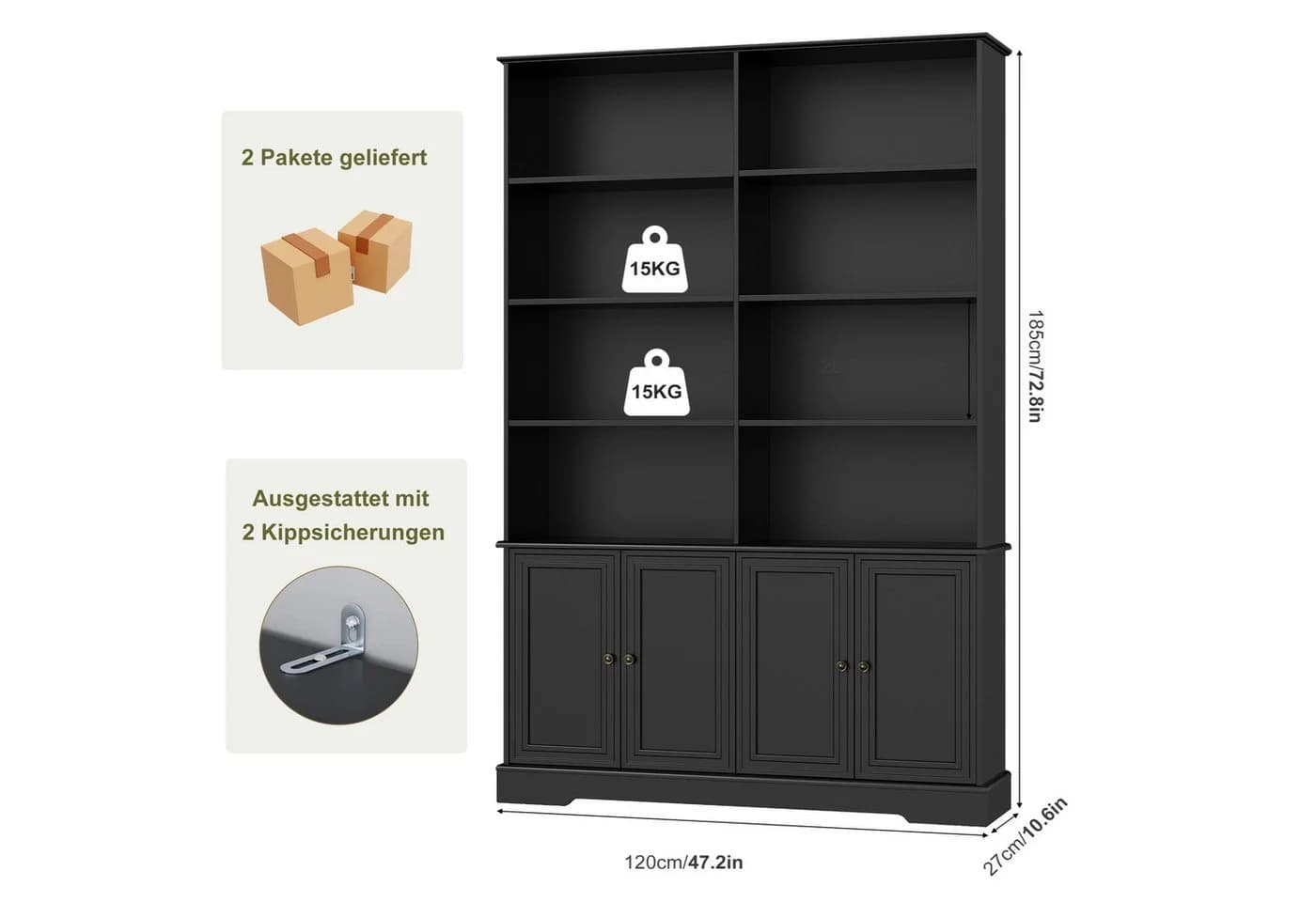 Homfa Bücherregal 185 cm mit 4 Türen und 8 Fächern Schwarz/Weiß - Bild 3