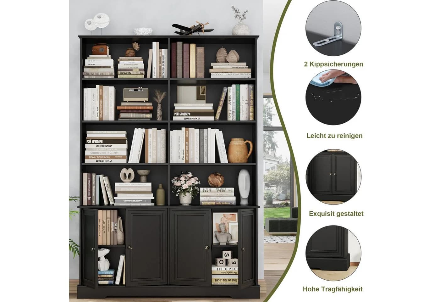 Homfa Bücherregal 185 cm mit 4 Türen und 8 Fächern Schwarz/Weiß - Bild 5