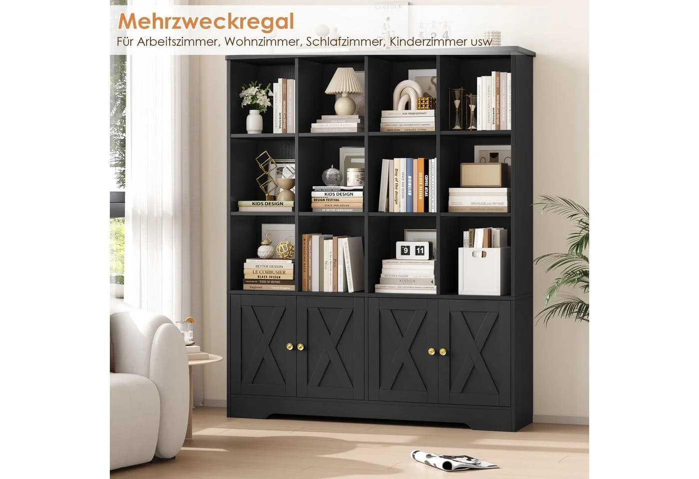Homfa Bücherregal Standregal mit 12 Fächern und 4 Türen Schwarz - Bild 4